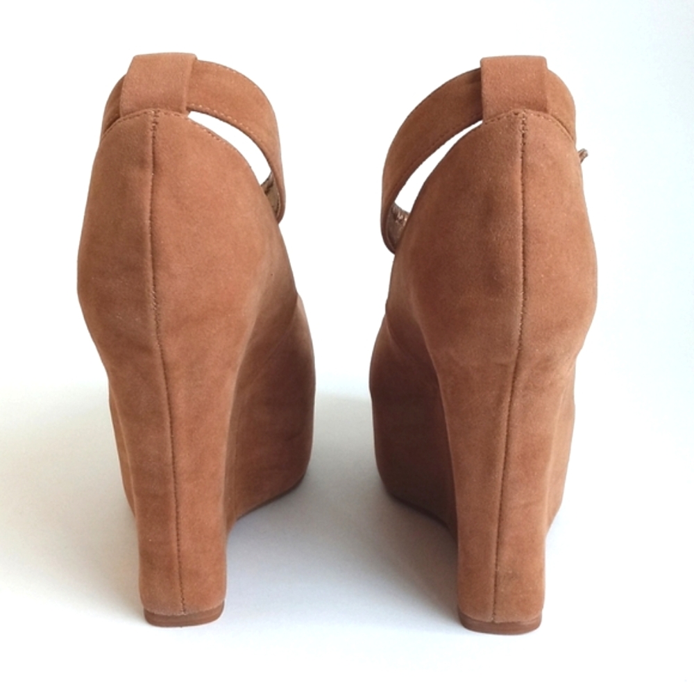 Cathy Jean Women’s Tan Suede Peep-Toe Wedge Heels with Ankle Strap 7 - Picture 3 of 15
